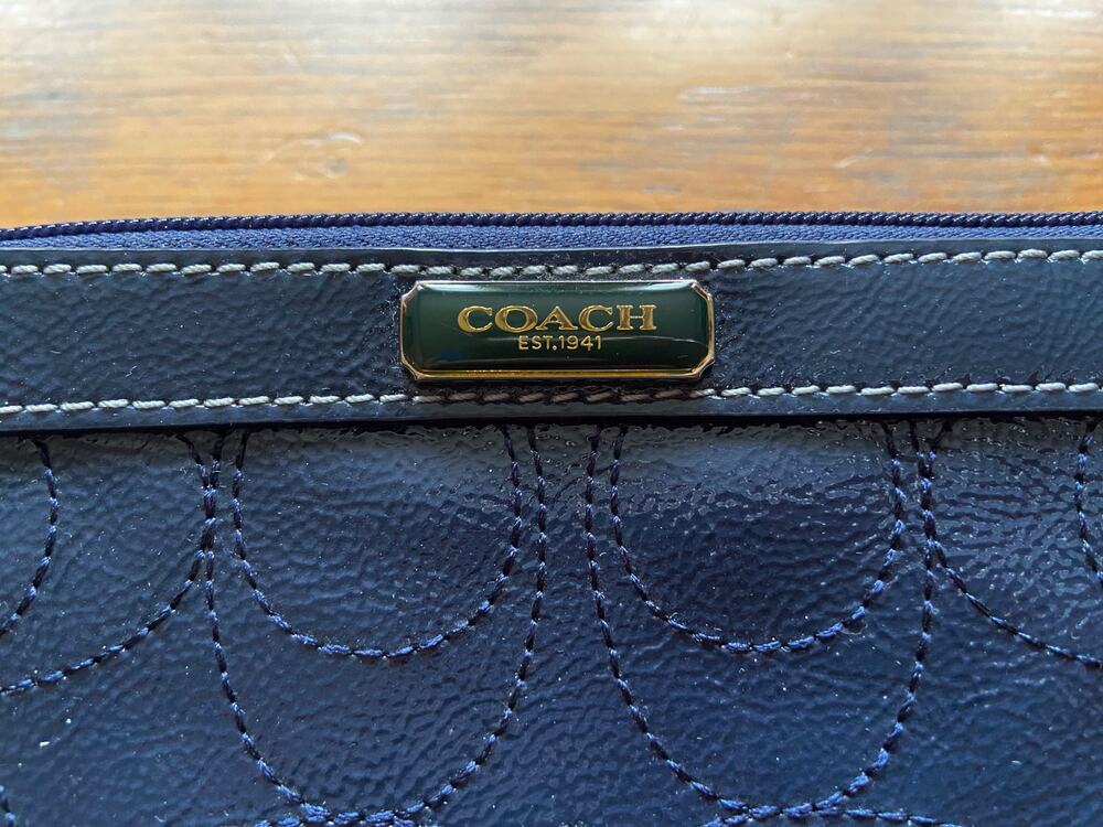 COACH Blue Textured Leather Logo Wristlet
